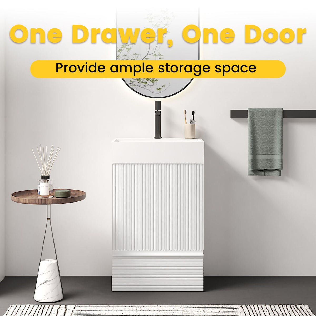 Gada 20" Striped Velvet White Bathroom Vanity with White Ceramic Sink, Freestanding Bathroom Cabinet for Modern Bathroom, One-Piece White Ceramic Basin Without Drain and Faucet, KD