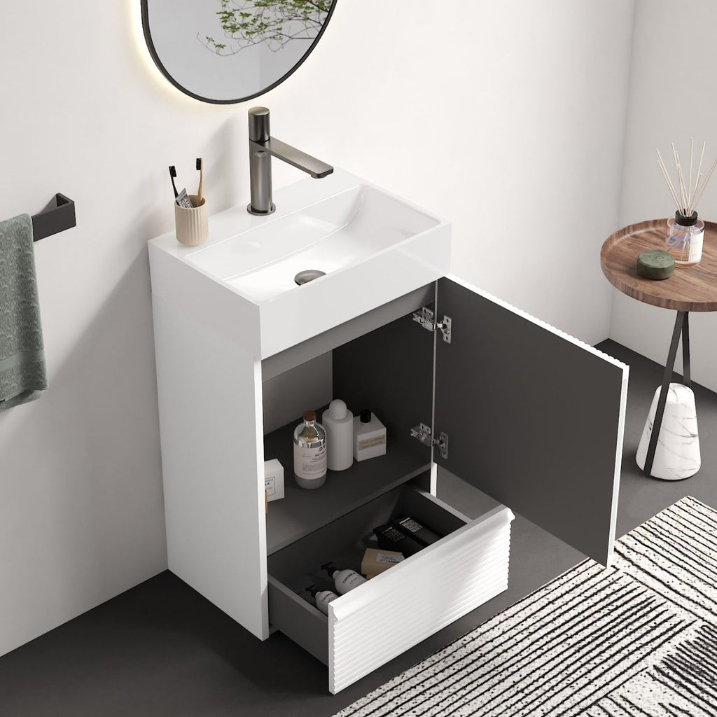 Gada 20" Striped Velvet White Bathroom Vanity with White Ceramic Sink, Freestanding Bathroom Cabinet for Modern Bathroom, One-Piece White Ceramic Basin Without Drain and Faucet, KD