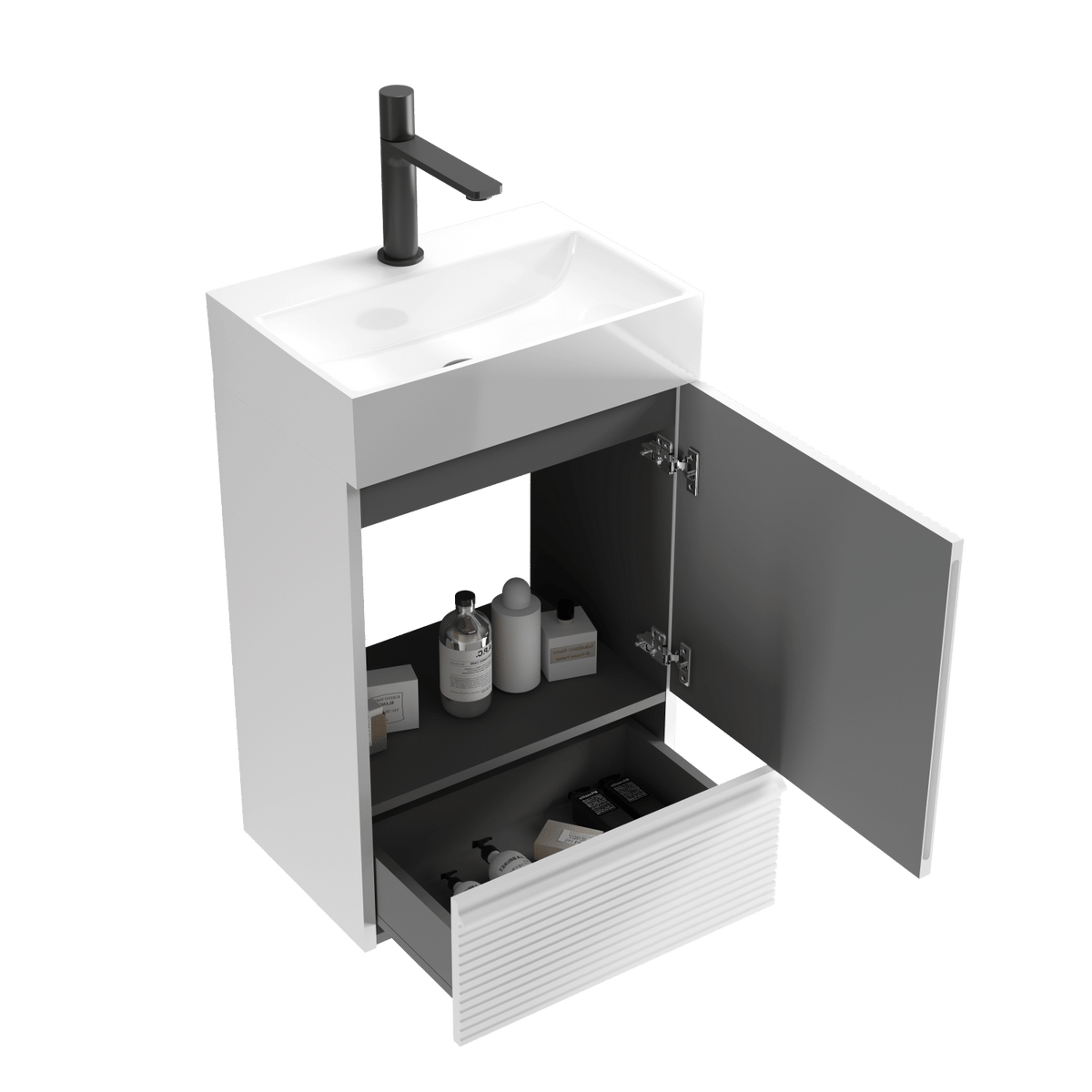 Gada 20" Striped Velvet White Bathroom Vanity with White Ceramic Sink, Freestanding Bathroom Cabinet for Modern Bathroom, One-Piece White Ceramic Basin Without Drain and Faucet, KD