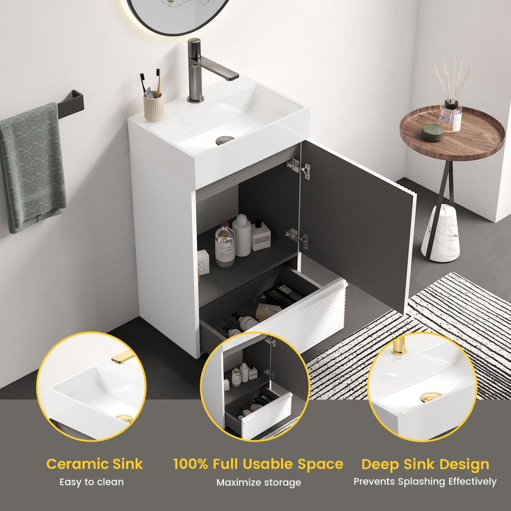 Gada 20" Striped Velvet White Bathroom Vanity with White Ceramic Sink, Freestanding Bathroom Cabinet for Modern Bathroom, One-Piece White Ceramic Basin Without Drain and Faucet, KD
