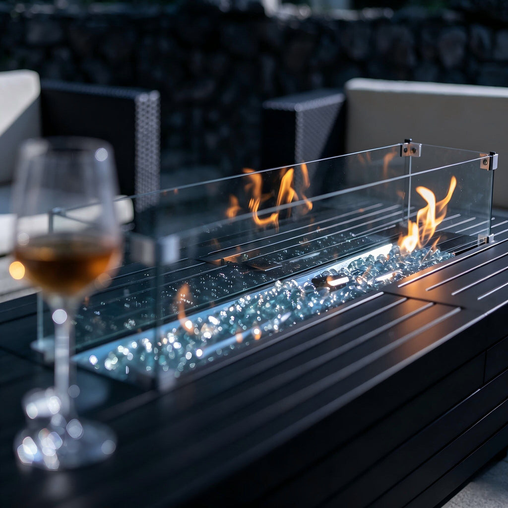 Rectangular Fire Pit Table with Windshield - Mocha