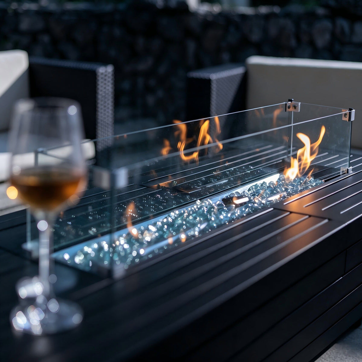Rectangular Fire Pit Table with Windshield - Mocha