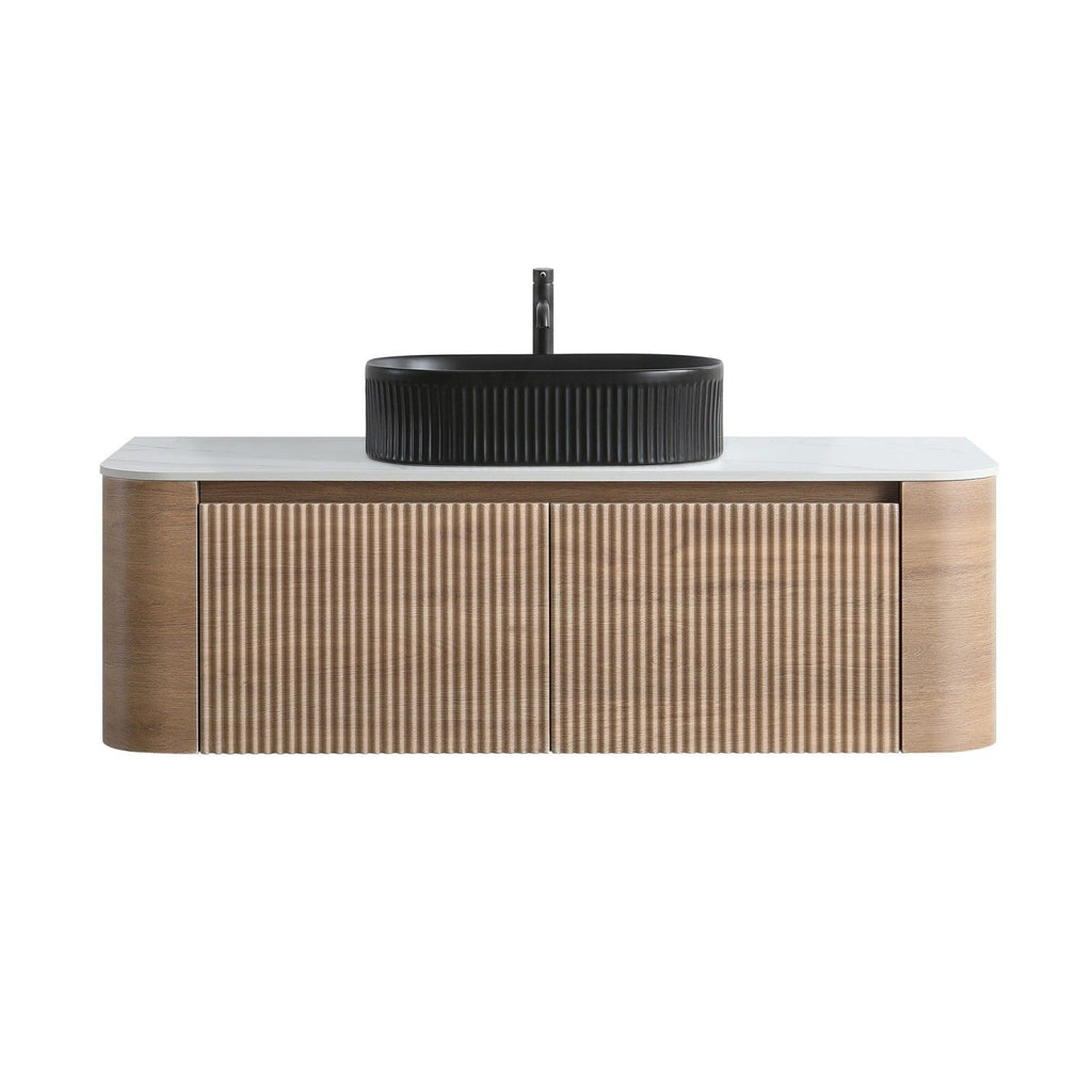 Erba 48 inch Bathroom Vanity with Sink, Honey Oak Wall Cabinet with Free Towel Rack, Single Black Oval Striped Ceramic Basin Design, without Drain and Faucet, Pre-assembled
