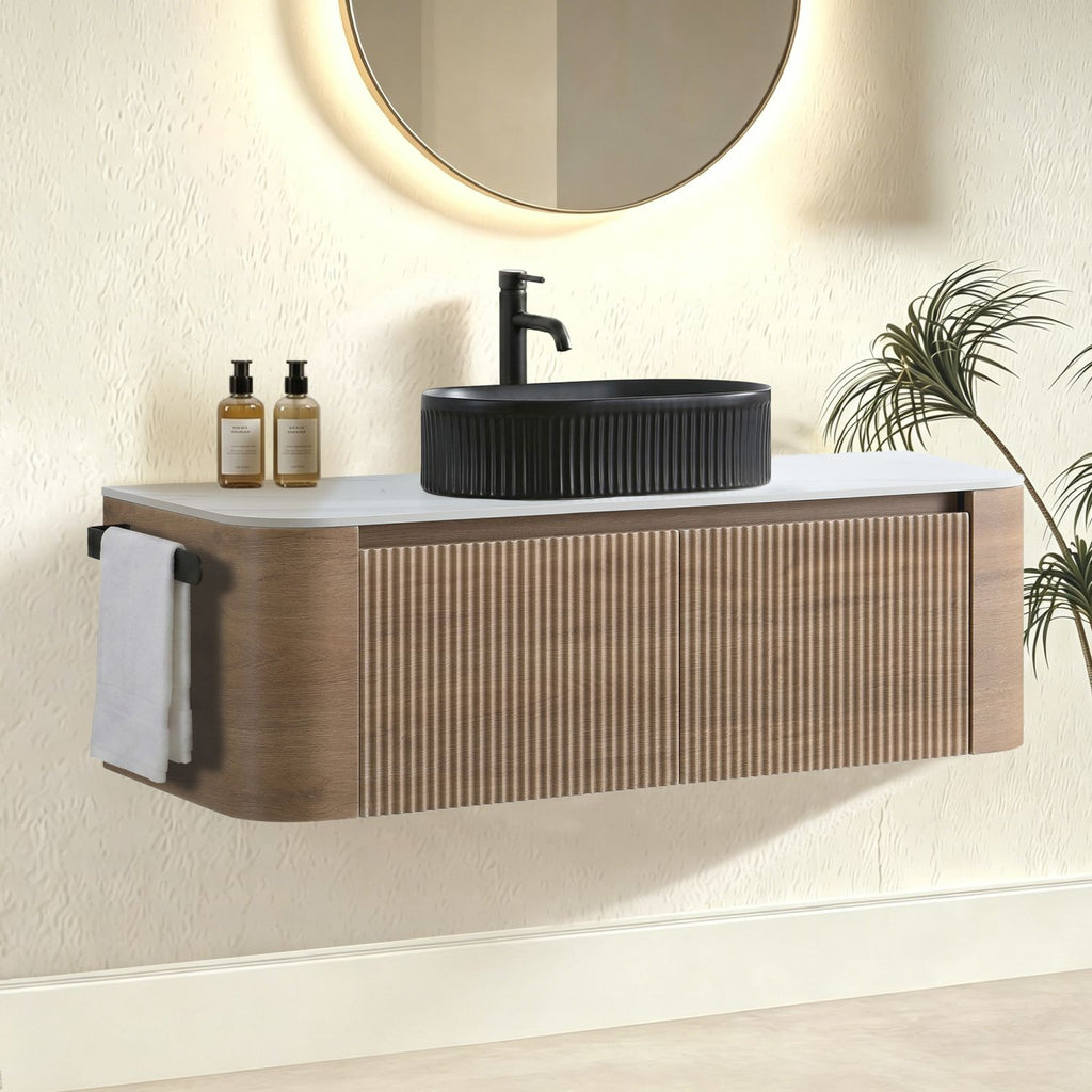 Erba 48 inch Bathroom Vanity with Sink, Honey Oak Wall Cabinet with Free Towel Rack, Single Black Oval Striped Ceramic Basin Design, without Drain and Faucet, Pre-assembled
