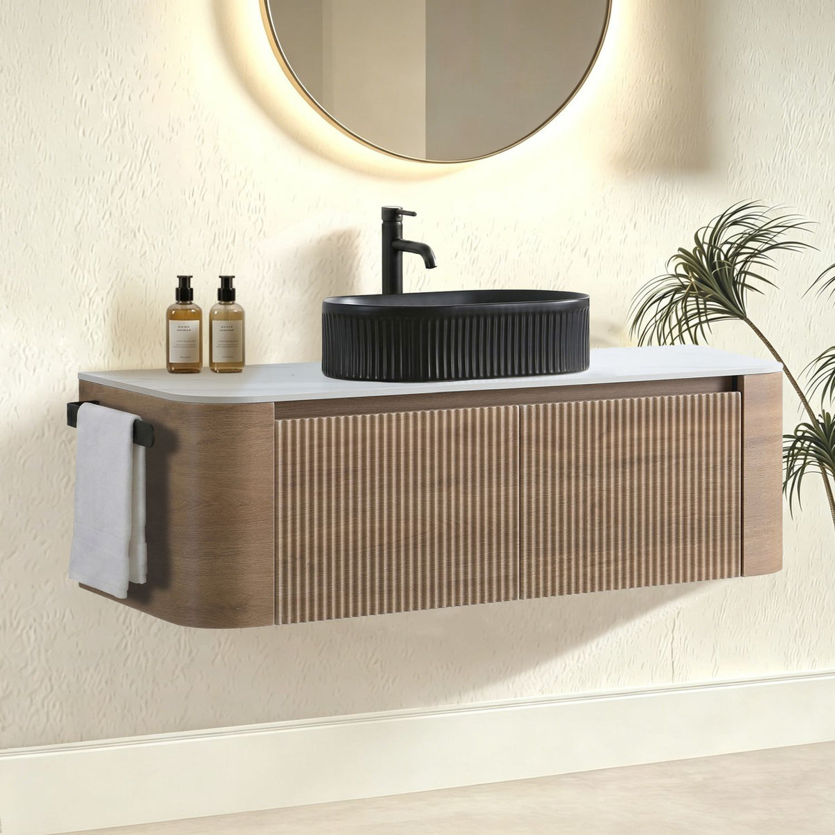 Erba 48 inch Bathroom Vanity with Sink, Honey Oak Wall Cabinet with Free Towel Rack, Single Black Oval Striped Ceramic Basin Design, without Drain and Faucet, Pre-assembled