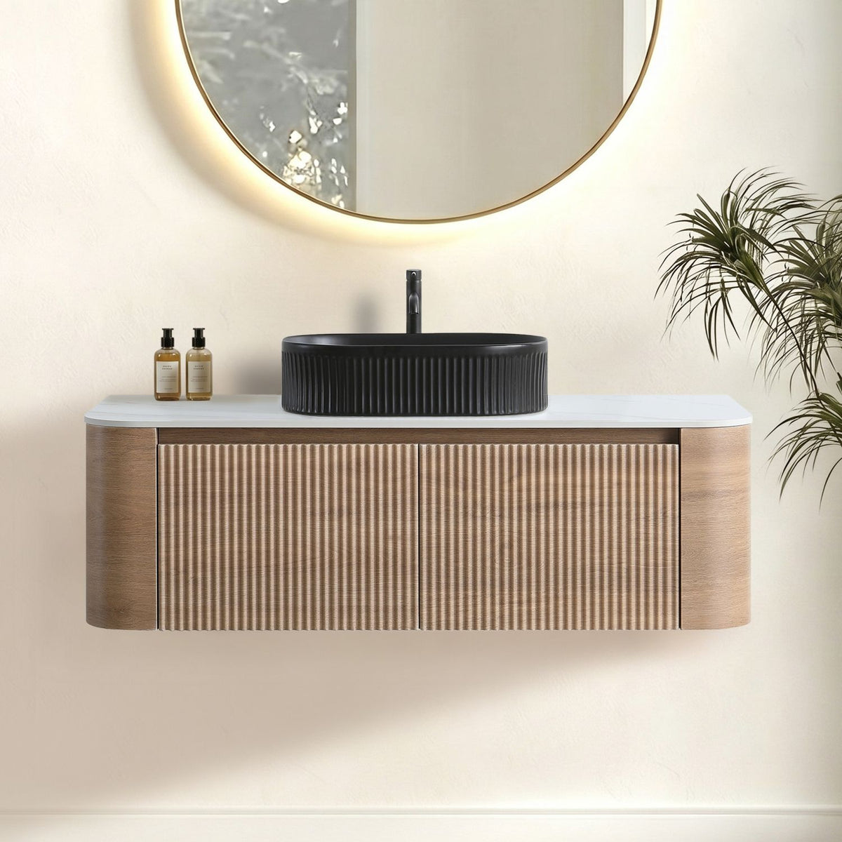 Erba 48 inch Bathroom Vanity with Sink, Honey Oak Wall Cabinet with Free Towel Rack, Single Black Oval Striped Ceramic Basin Design, without Drain and Faucet, Pre-assembled