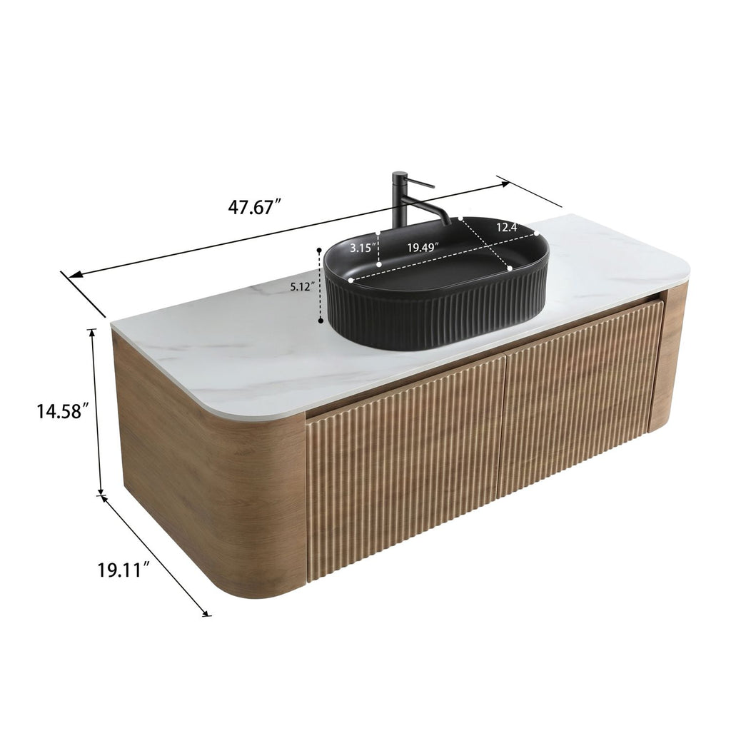 Erba 48 inch Bathroom Vanity with Sink, Honey Oak Wall Cabinet with Free Towel Rack, Single Black Oval Striped Ceramic Basin Design, without Drain and Faucet, Pre-assembled