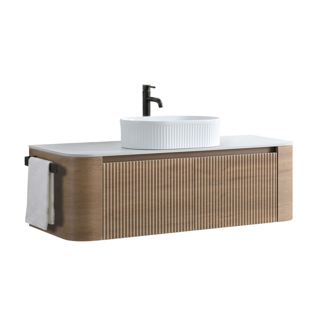 Erba 48 inch Bathroom Vanity with Sink, Honey Oak Cabinet with Free Towel Rack, Single White Oval Striped Ceramic Basin Design, without Drain and Faucet, Pre-assembled