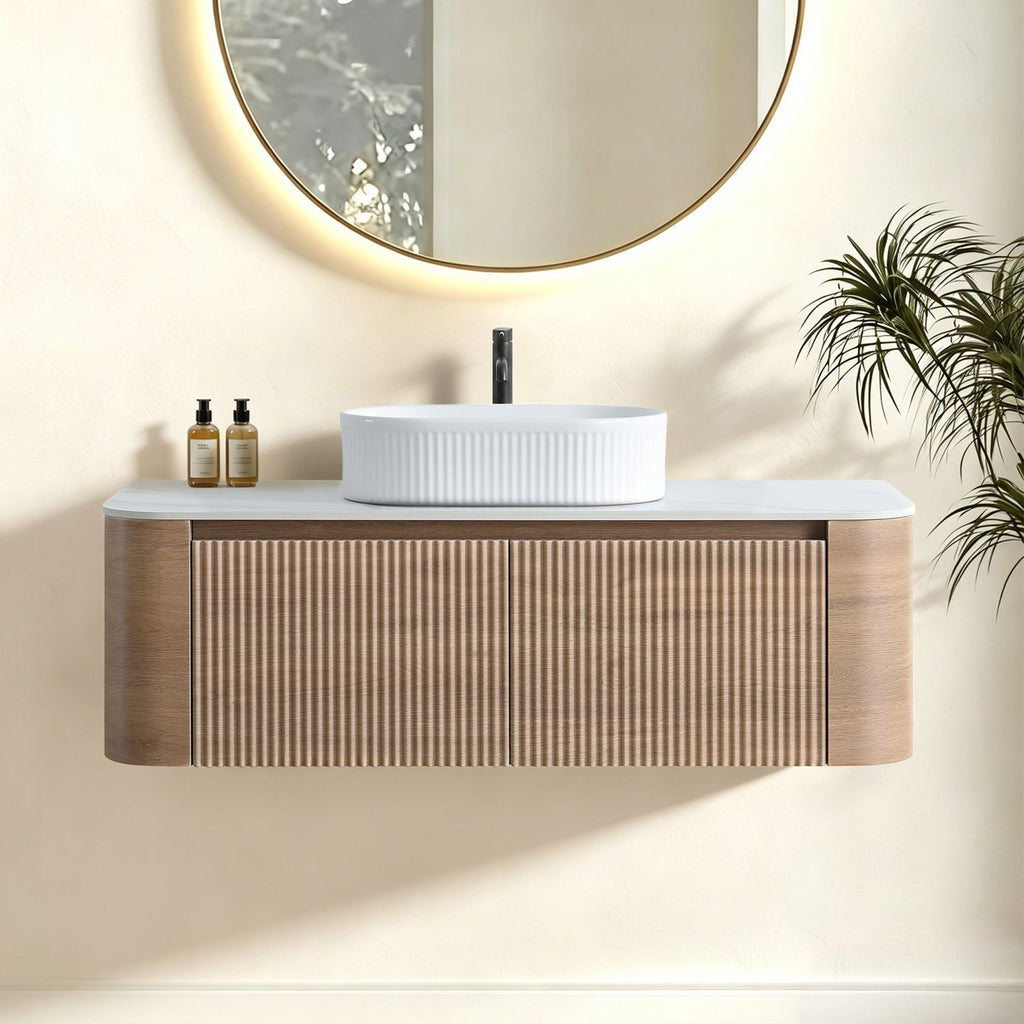Erba 48 inch Bathroom Vanity with Sink, Honey Oak Cabinet with Free Towel Rack, Single White Oval Striped Ceramic Basin Design, without Drain and Faucet, Pre-assembled