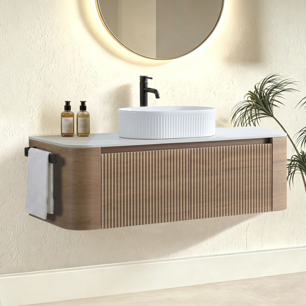 Erba 48 inch Bathroom Vanity with Sink, Honey Oak Cabinet with Free Towel Rack, Single White Oval Striped Ceramic Basin Design, without Drain and Faucet, Pre-assembled