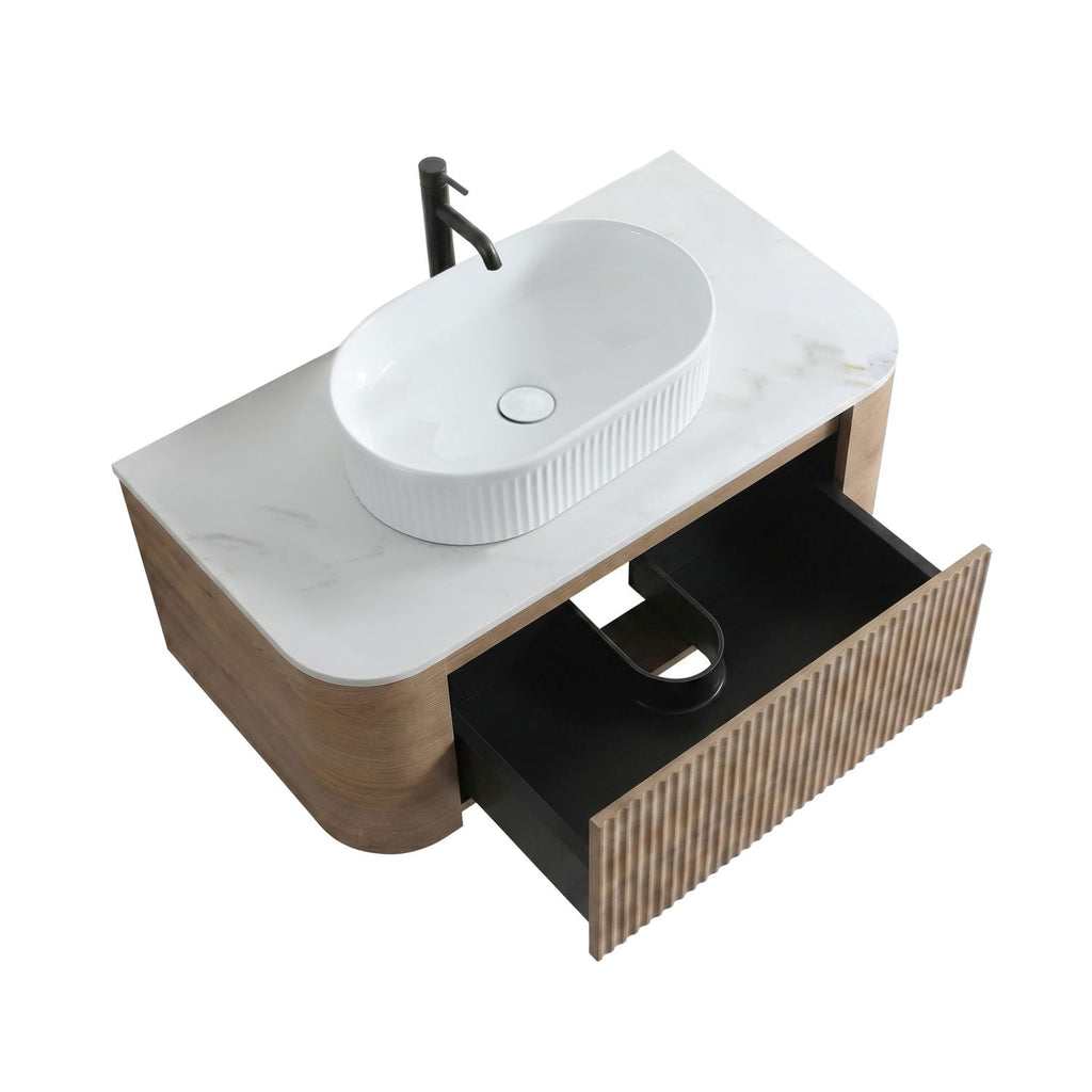 Erba 48 inch Bathroom Vanity with Sink, Honey Oak Cabinet with Free Towel Rack, Single White Oval Striped Ceramic Basin Design, without Drain and Faucet, Pre-assembled