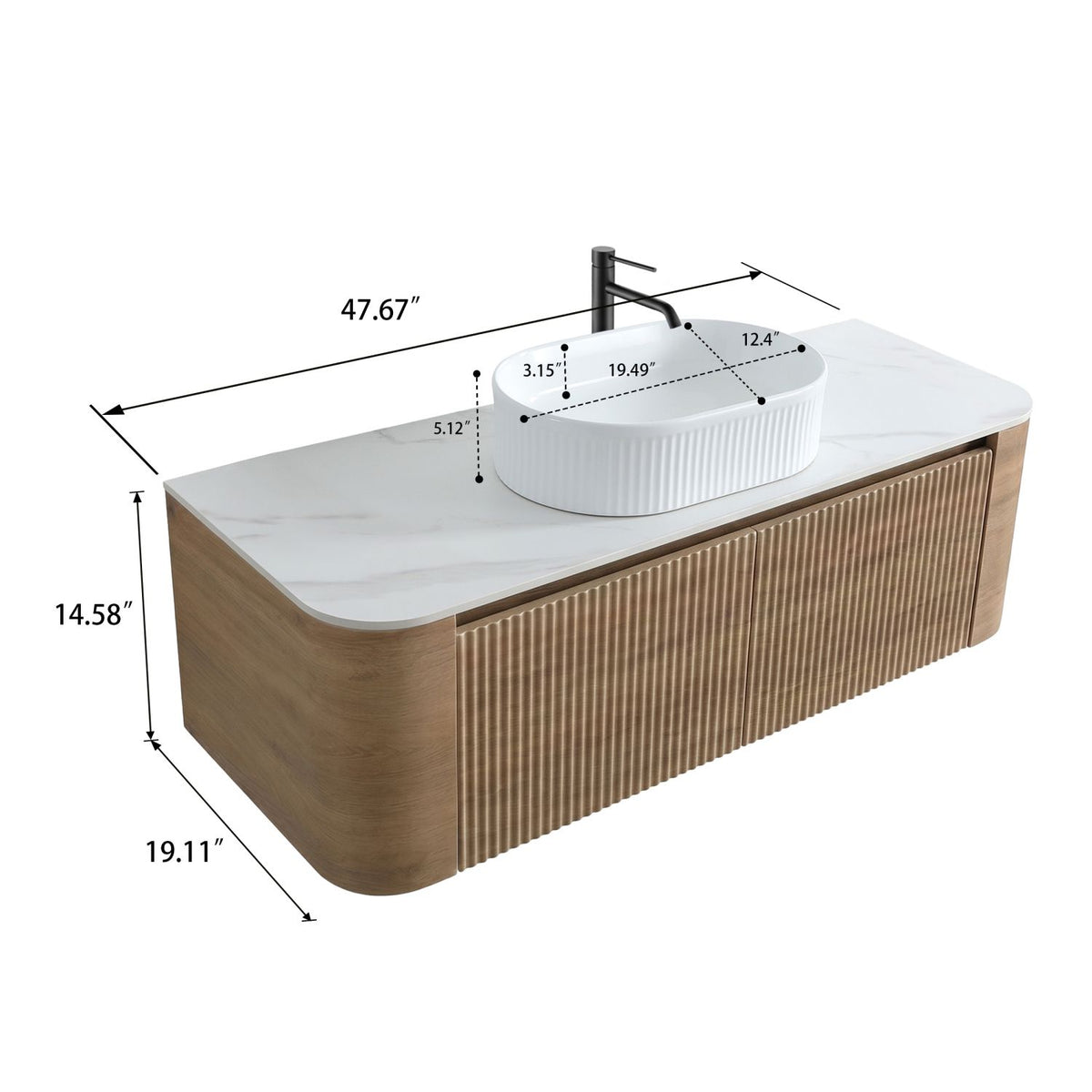 Erba 48 inch Bathroom Vanity with Sink, Honey Oak Cabinet with Free Towel Rack, Single White Oval Striped Ceramic Basin Design, without Drain and Faucet, Pre-assembled
