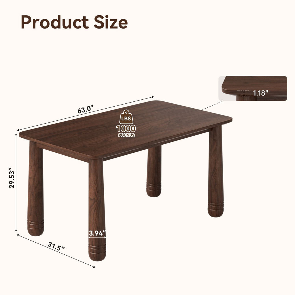 63" Solid Wood Dining Table, Rectangular Kitchen Table with Walnut Finish, Farmhouse Dinner Table for 4-6 People, Heavy-Duty Support up to 1000 lbs, Easy Assembly