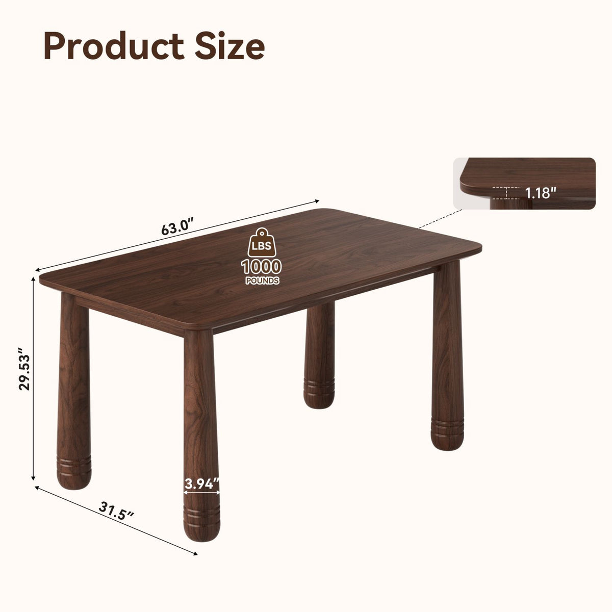 63" Solid Wood Dining Table, Rectangular Kitchen Table with Walnut Finish, Farmhouse Dinner Table for 4-6 People, Heavy-Duty Support up to 1000 lbs, Easy Assembly