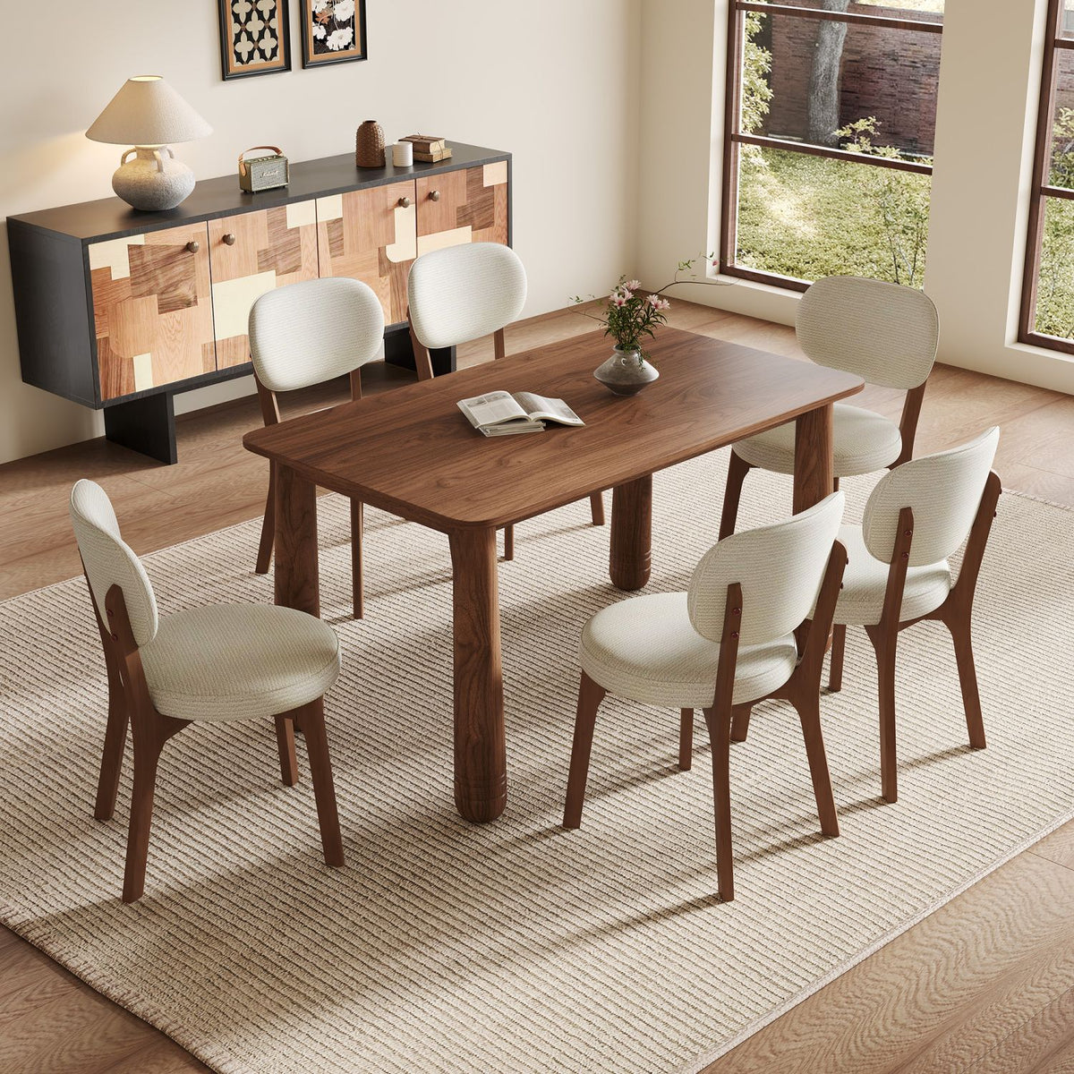 63" Solid Wood Dining Table, Rectangular Kitchen Table with Walnut Finish, Farmhouse Dinner Table for 4-6 People, Heavy-Duty Support up to 1000 lbs, Easy Assembly