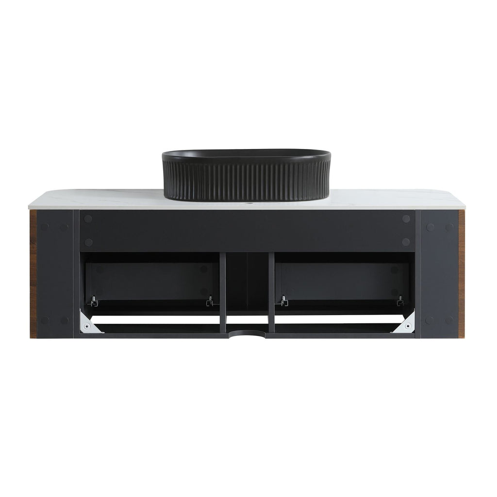 Erba 48 inch Bathroom Vanity with Sink, Walnut Wall Cabinet with Free Towel Rack, Single Black Oval Striped Ceramic Basin Design, without Drain and Faucet, Pre-assembled