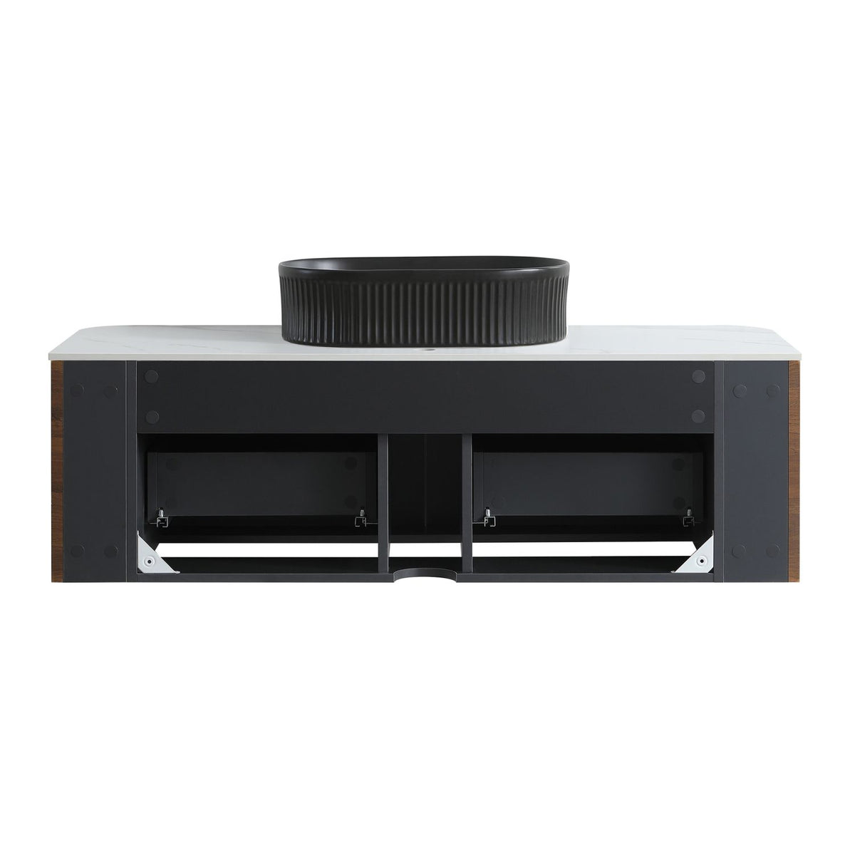 Erba 48 inch Bathroom Vanity with Sink, Walnut Wall Cabinet with Free Towel Rack, Single Black Oval Striped Ceramic Basin Design, without Drain and Faucet, Pre-assembled