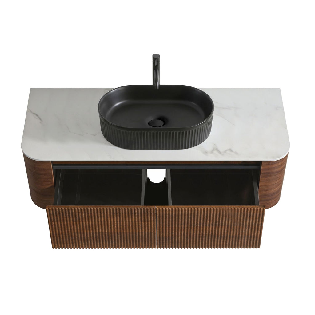 Erba 48 inch Bathroom Vanity with Sink, Walnut Wall Cabinet with Free Towel Rack, Single Black Oval Striped Ceramic Basin Design, without Drain and Faucet, Pre-assembled