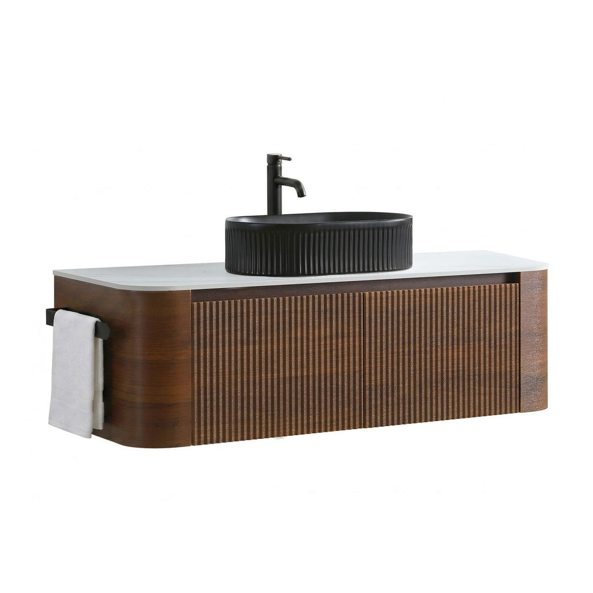Erba 48 inch Bathroom Vanity with Sink, Walnut Wall Cabinet with Free Towel Rack, Single Black Oval Striped Ceramic Basin Design, without Drain and Faucet, Pre-assembled