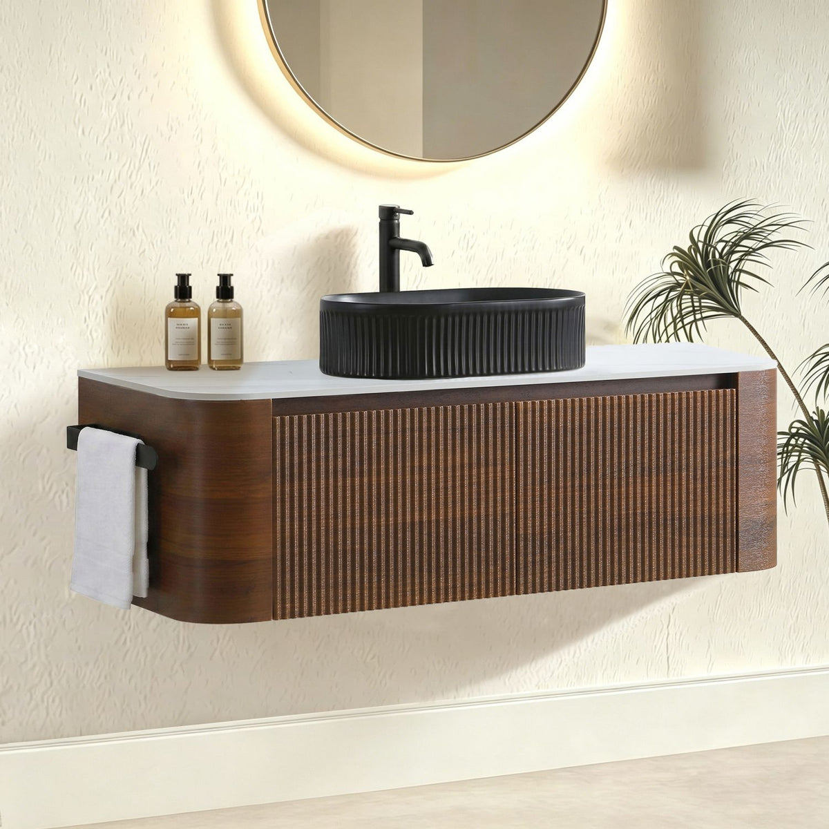 Erba 48 inch Bathroom Vanity with Sink, Walnut Wall Cabinet with Free Towel Rack, Single Black Oval Striped Ceramic Basin Design, without Drain and Faucet, Pre-assembled