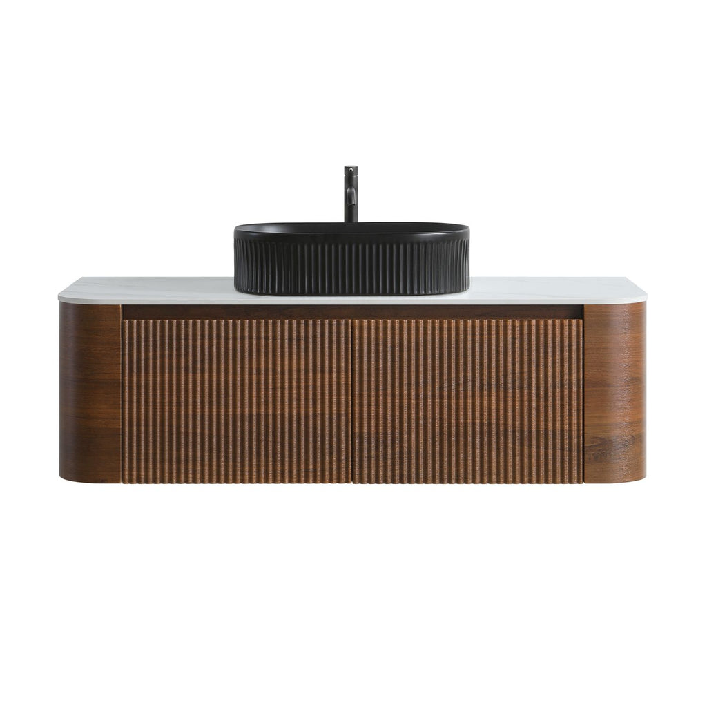 Erba 48 inch Bathroom Vanity with Sink, Walnut Wall Cabinet with Free Towel Rack, Single Black Oval Striped Ceramic Basin Design, without Drain and Faucet, Pre-assembled