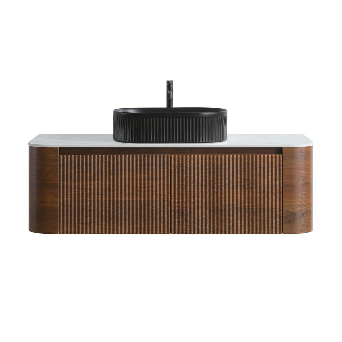 Erba 48 inch Bathroom Vanity with Sink, Walnut Wall Cabinet with Free Towel Rack, Single Black Oval Striped Ceramic Basin Design, without Drain and Faucet, Pre-assembled