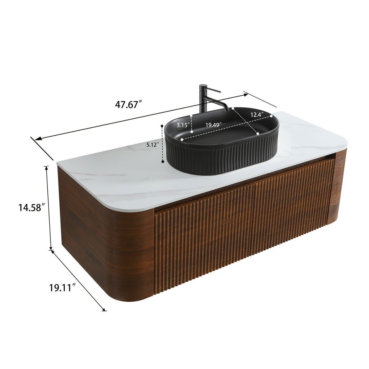 Erba 48 inch Bathroom Vanity with Sink, Walnut Wall Cabinet with Free Towel Rack, Single Black Oval Striped Ceramic Basin Design, without Drain and Faucet, Pre-assembled