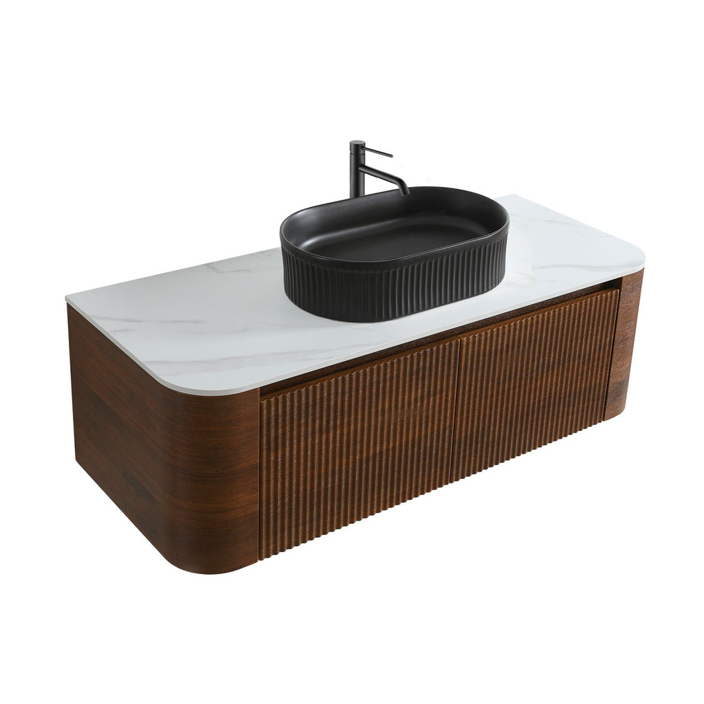 Erba 48 inch Bathroom Vanity with Sink, Walnut Wall Cabinet with Free Towel Rack, Single Black Oval Striped Ceramic Basin Design, without Drain and Faucet, Pre-assembled