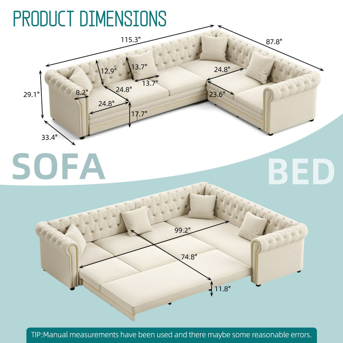115.3" L-Shaped Sofa Couch with Pull-Out Bed, Oversize Convertible Sleeper, Velvet Button Tufted Couch, Gold Trim Rolled Arms, Oversized Deep Seat Luxury Sofa with Throw Pillows ,Beige/White