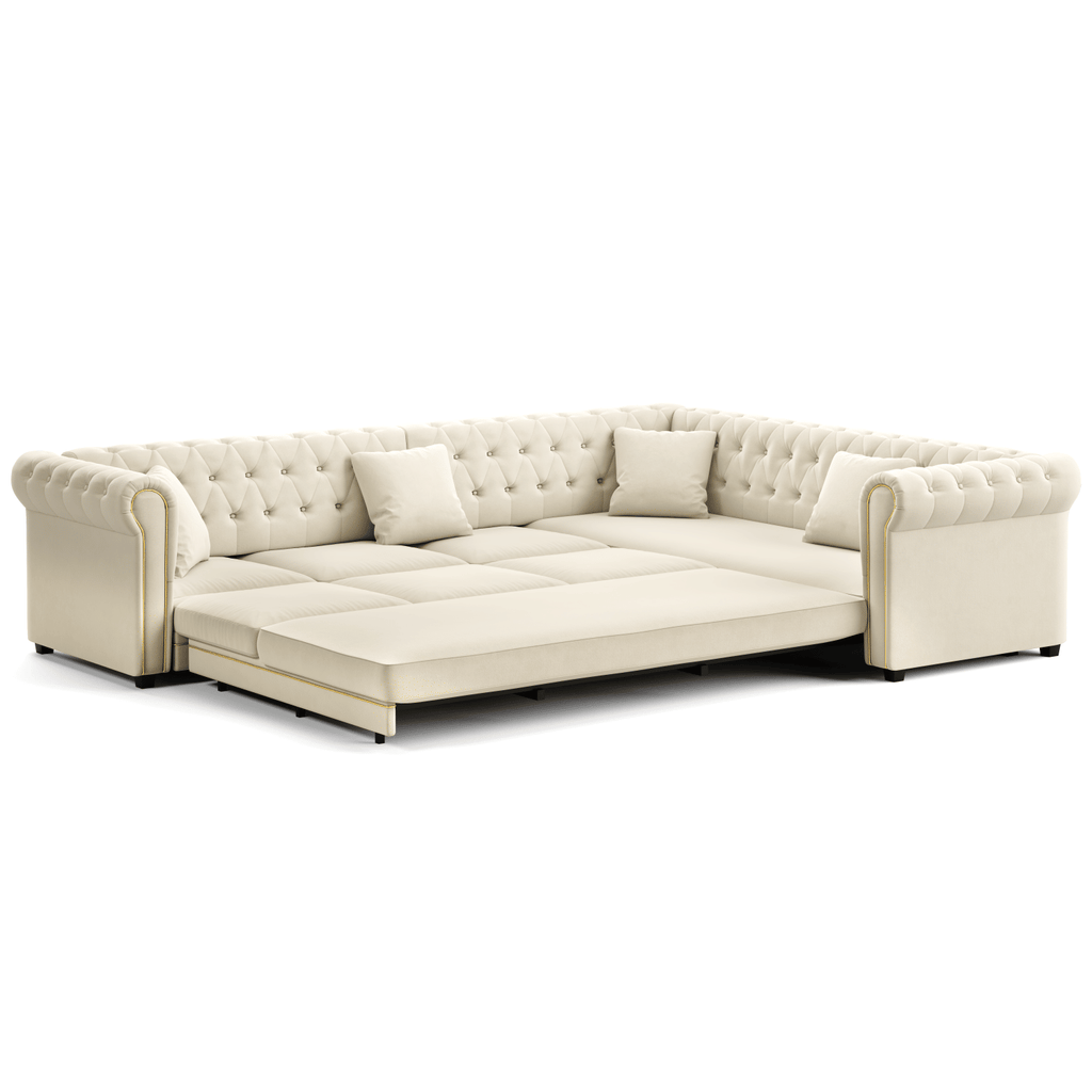 115.3" L-Shaped Sofa Couch with Pull-Out Bed, Oversize Convertible Sleeper, Velvet Button Tufted Couch, Gold Trim Rolled Arms, Oversized Deep Seat Luxury Sofa with Throw Pillows ,Beige/White