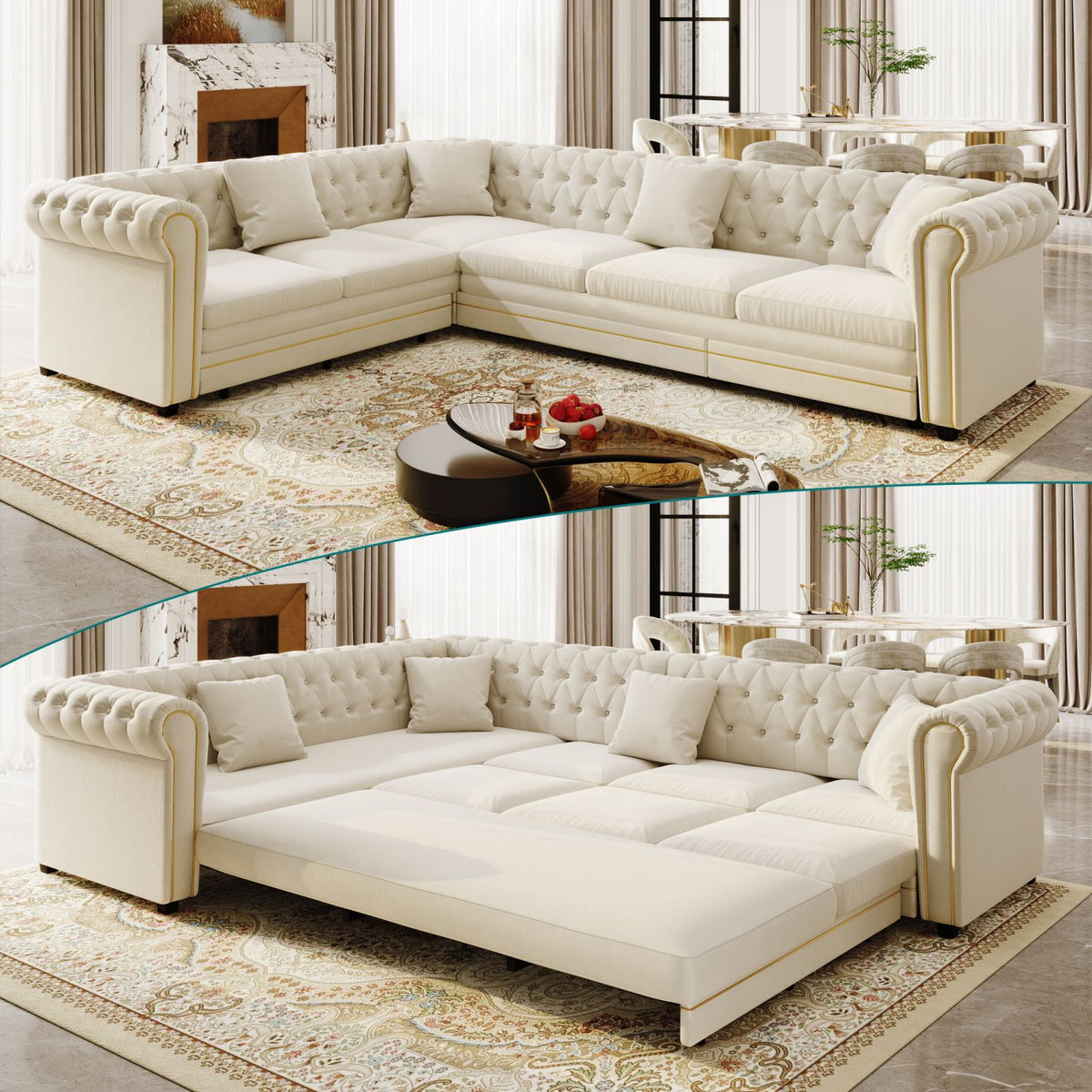 115.3" L-Shaped Sofa Couch with Pull-Out Bed, Oversize Convertible Sleeper, Velvet Button Tufted Couch, Gold Trim Rolled Arms, Oversized Deep Seat Luxury Sofa with Throw Pillows ,Beige/White