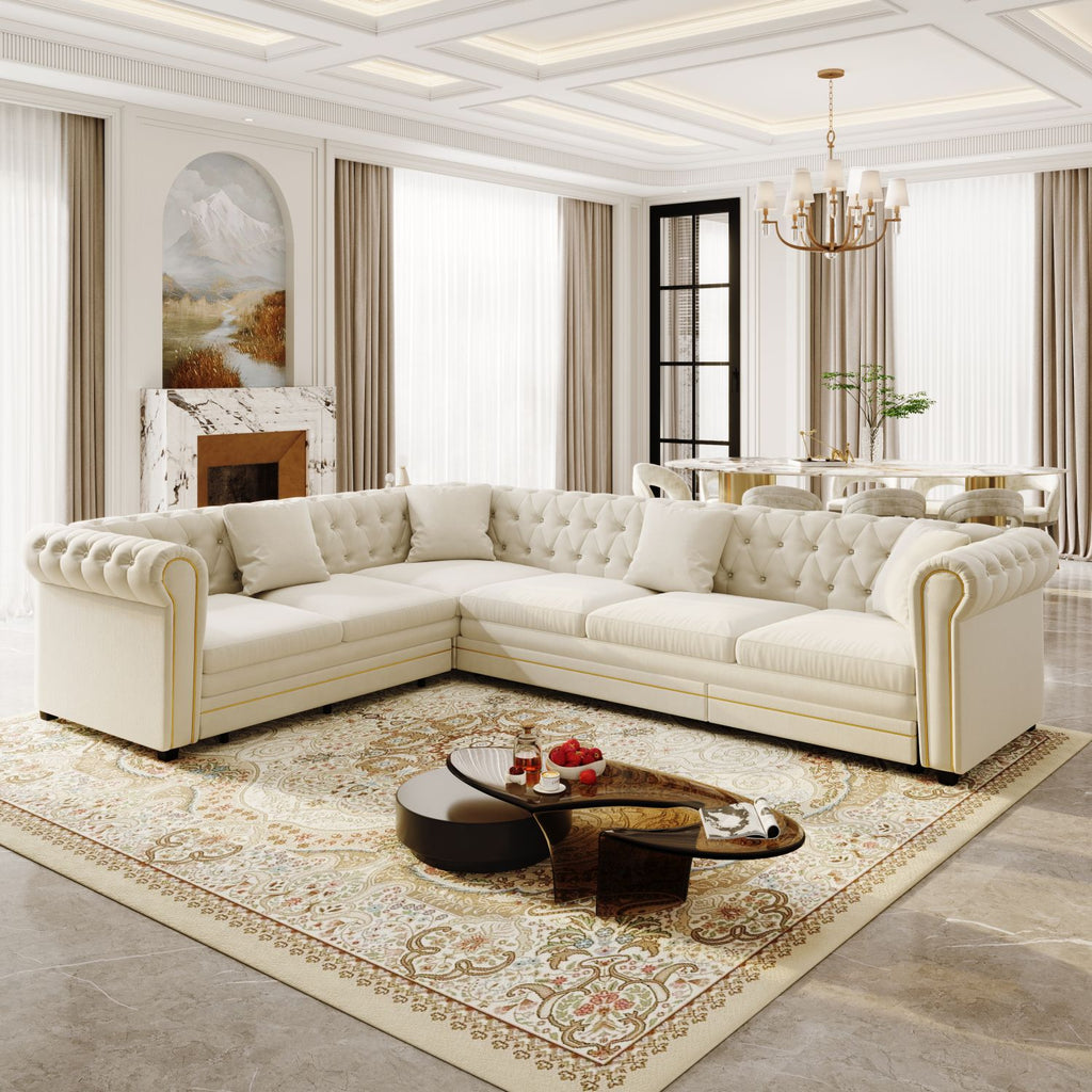 115.3" L-Shaped Sofa Couch with Pull-Out Bed, Oversize Convertible Sleeper, Velvet Button Tufted Couch, Gold Trim Rolled Arms, Oversized Deep Seat Luxury Sofa with Throw Pillows ,Beige/White