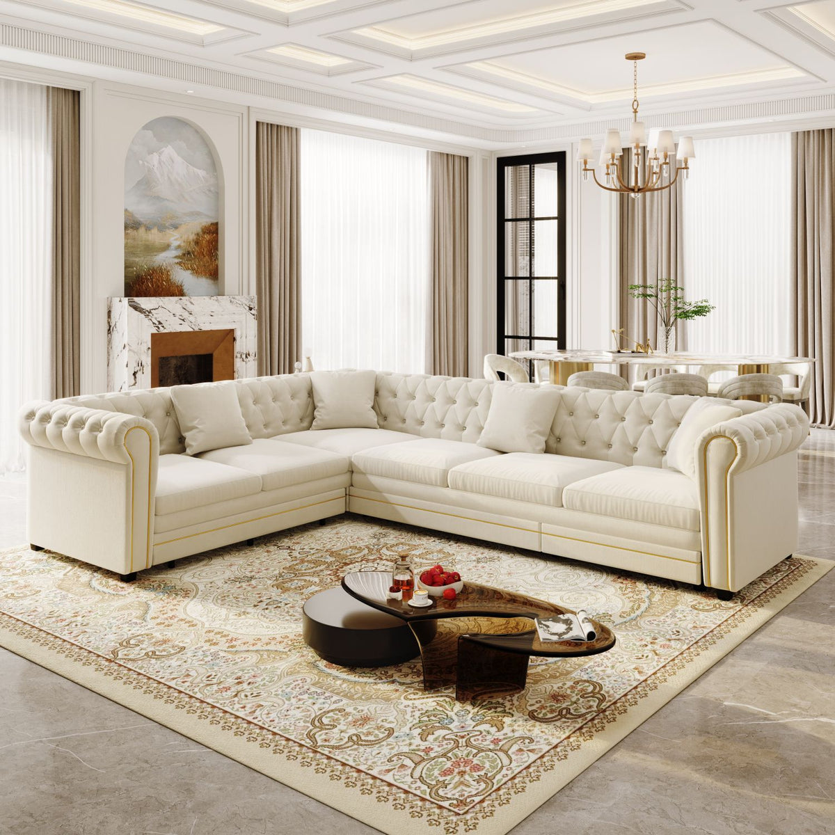 115.3" L-Shaped Sofa Couch with Pull-Out Bed, Oversize Convertible Sleeper, Velvet Button Tufted Couch, Gold Trim Rolled Arms, Oversized Deep Seat Luxury Sofa with Throw Pillows ,Beige/White