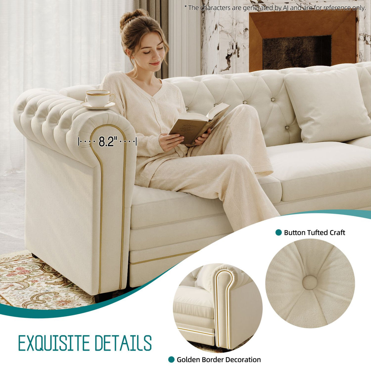 115.3" L-Shaped Sofa Couch with Pull-Out Bed, Oversize Convertible Sleeper, Velvet Button Tufted Couch, Gold Trim Rolled Arms, Oversized Deep Seat Luxury Sofa with Throw Pillows ,Beige/White