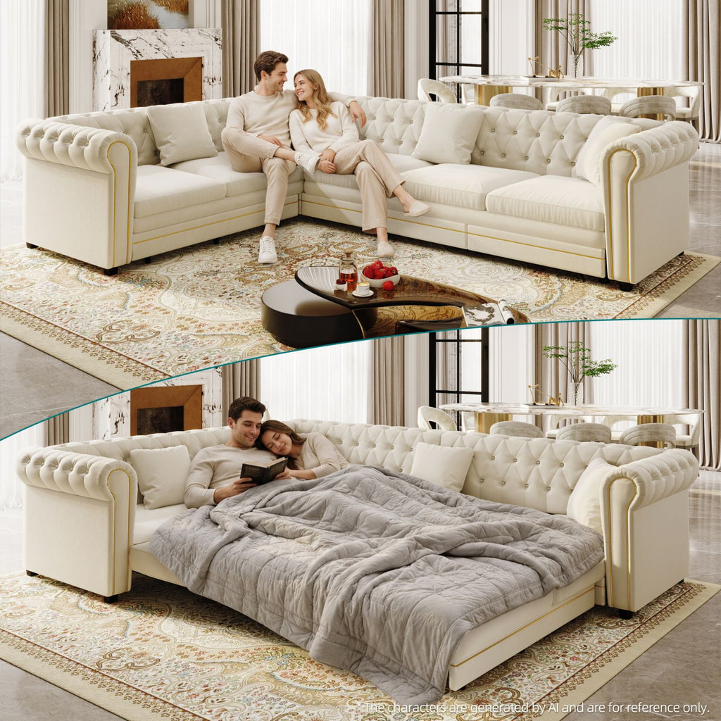 115.3" L-Shaped Sofa Couch with Pull-Out Bed, Oversize Convertible Sleeper, Velvet Button Tufted Couch, Gold Trim Rolled Arms, Oversized Deep Seat Luxury Sofa with Throw Pillows ,Beige/White
