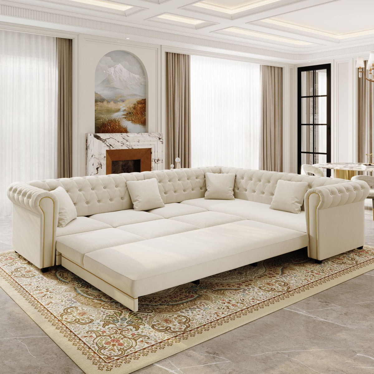 115.3" L-Shaped Sofa Couch with Pull-Out Bed, Oversize Convertible Sleeper, Velvet Button Tufted Couch, Gold Trim Rolled Arms, Oversized Deep Seat Luxury Sofa with Throw Pillows ,Beige/White