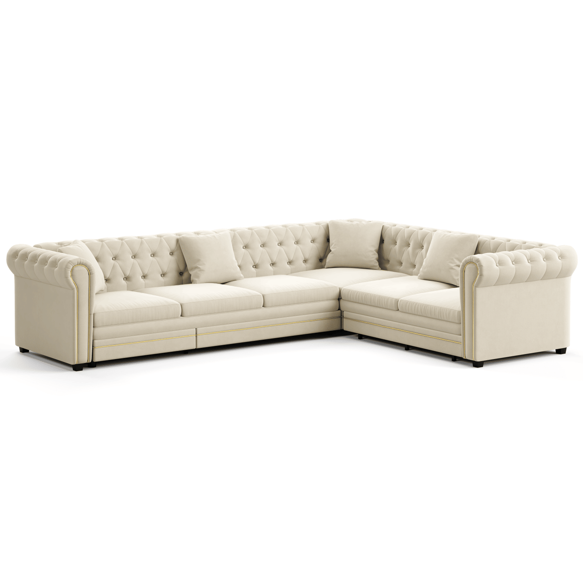115.3" L-Shaped Sofa Couch with Pull-Out Bed, Oversize Convertible Sleeper, Velvet Button Tufted Couch, Gold Trim Rolled Arms, Oversized Deep Seat Luxury Sofa with Throw Pillows ,Beige/White