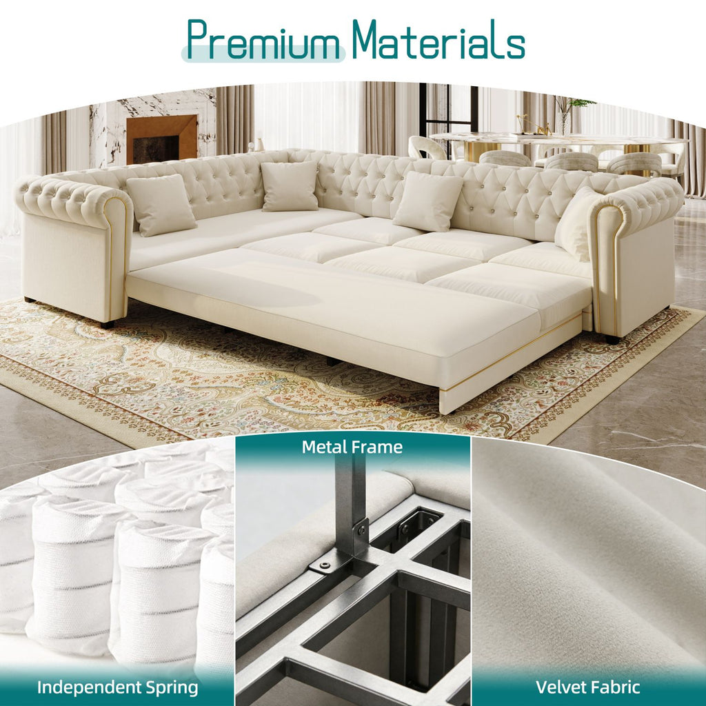 115.3" L-Shaped Sofa Couch with Pull-Out Bed, Oversize Convertible Sleeper, Velvet Button Tufted Couch, Gold Trim Rolled Arms, Oversized Deep Seat Luxury Sofa with Throw Pillows ,Beige/White
