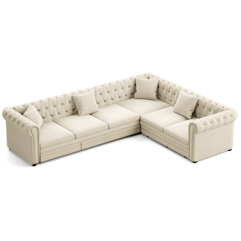 115.3" L-Shaped Sofa Couch with Pull-Out Bed, Oversize Convertible Sleeper, Velvet Button Tufted Couch, Gold Trim Rolled Arms, Oversized Deep Seat Luxury Sofa with Throw Pillows ,Beige/White