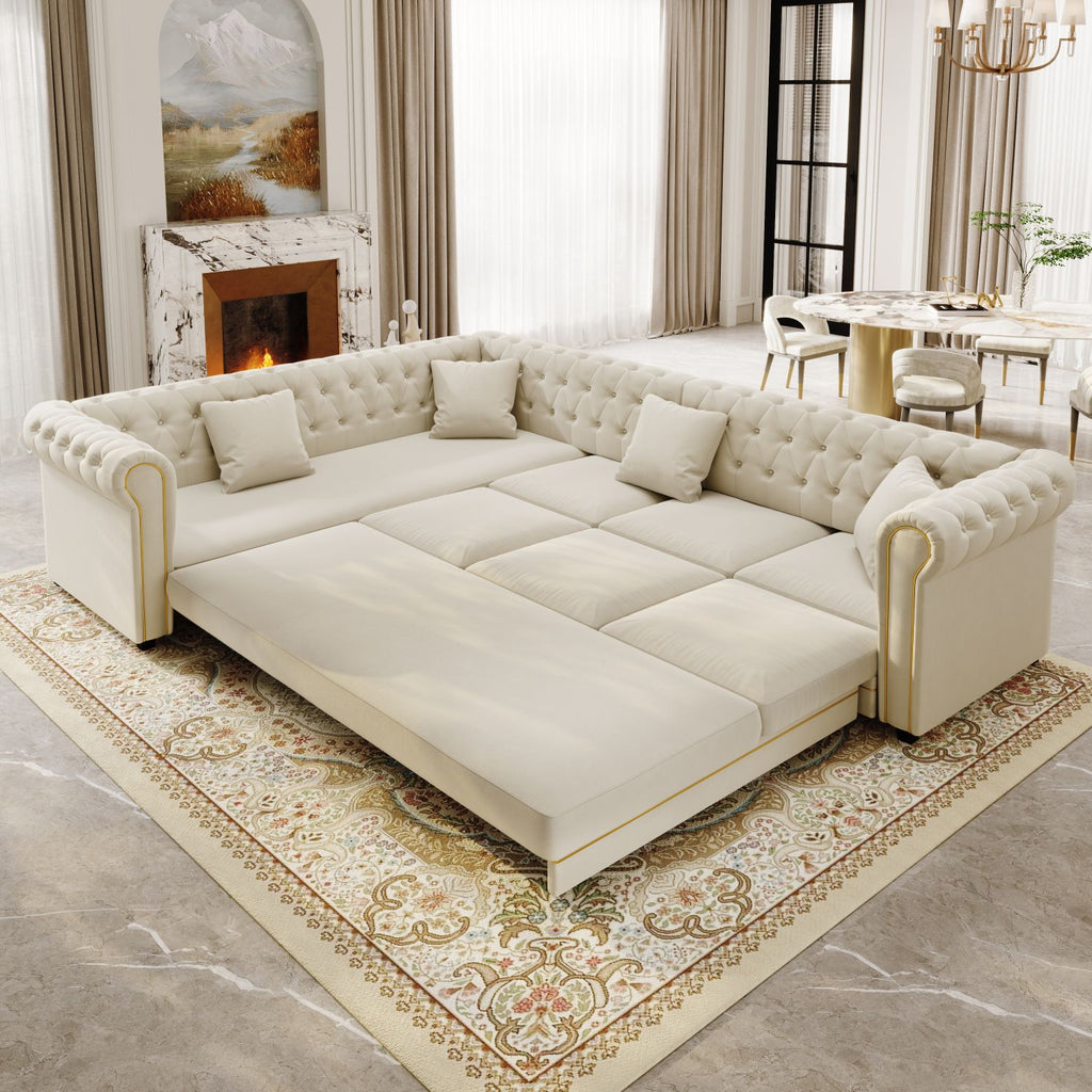 115.3" L-Shaped Sofa Couch with Pull-Out Bed, Oversize Convertible Sleeper, Velvet Button Tufted Couch, Gold Trim Rolled Arms, Oversized Deep Seat Luxury Sofa with Throw Pillows ,Beige/White
