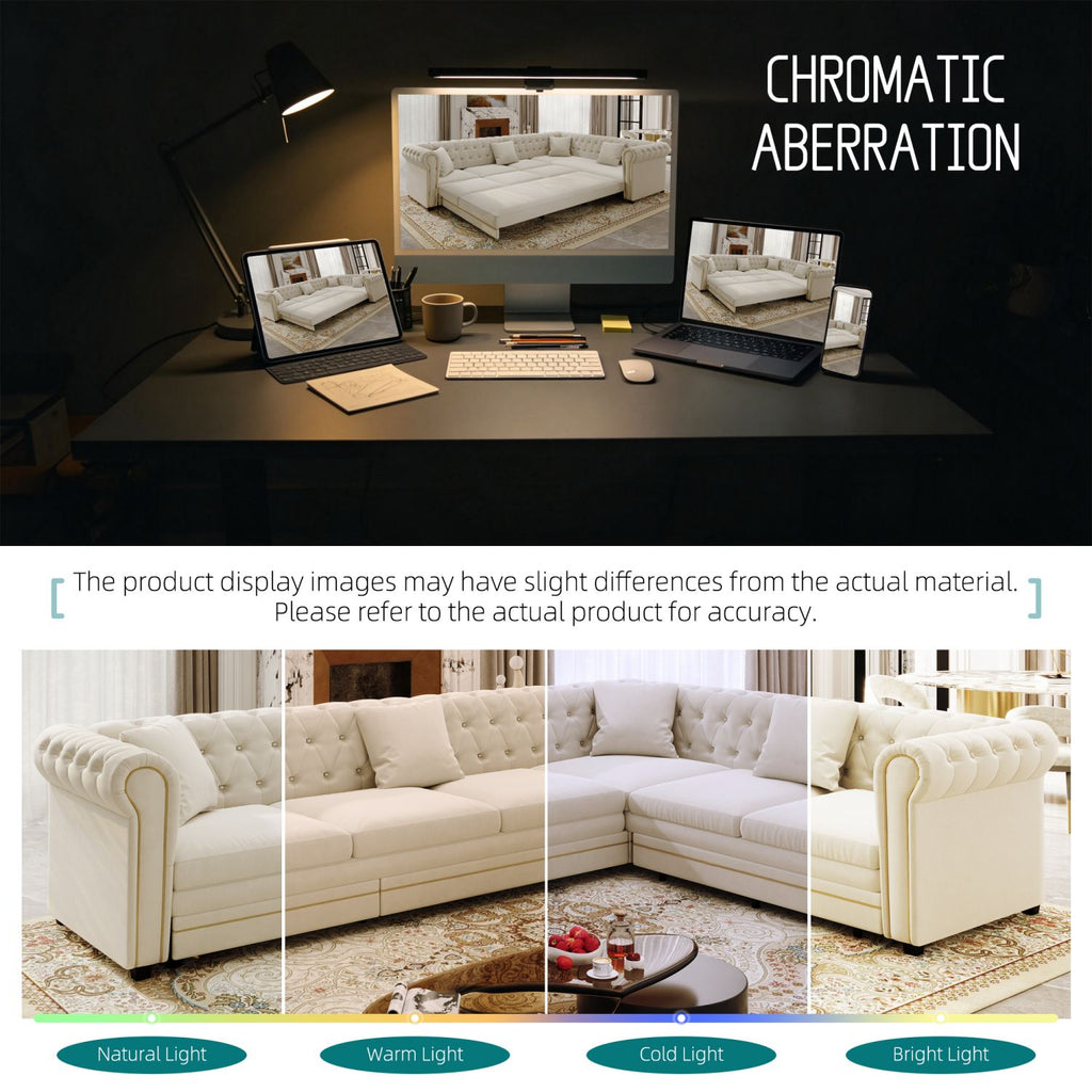 115.3" L-Shaped Sofa Couch with Pull-Out Bed, Oversize Convertible Sleeper, Velvet Button Tufted Couch, Gold Trim Rolled Arms, Oversized Deep Seat Luxury Sofa with Throw Pillows ,Beige/White