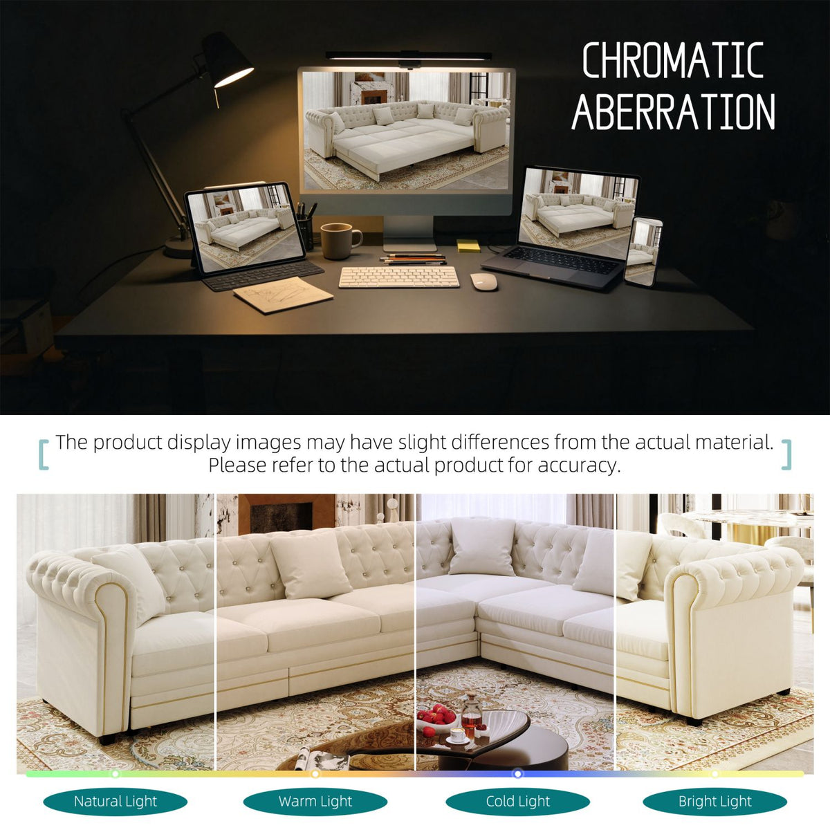 115.3" L-Shaped Sofa Couch with Pull-Out Bed, Oversize Convertible Sleeper, Velvet Button Tufted Couch, Gold Trim Rolled Arms, Oversized Deep Seat Luxury Sofa with Throw Pillows ,Beige/White
