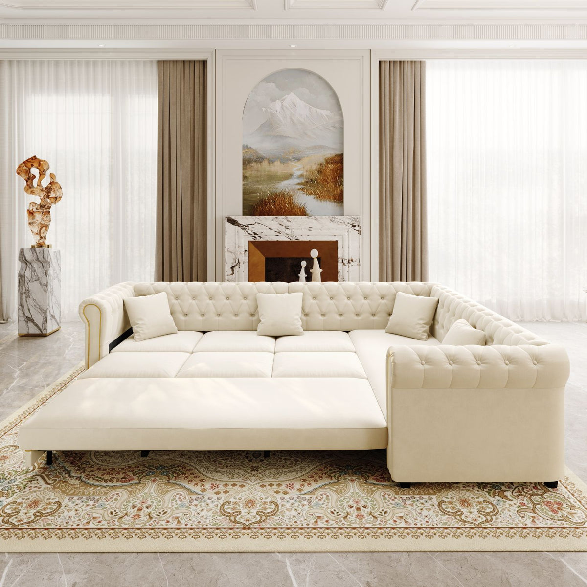 115.3" L-Shaped Sofa Couch with Pull-Out Bed, Oversize Convertible Sleeper, Velvet Button Tufted Couch, Gold Trim Rolled Arms, Oversized Deep Seat Luxury Sofa with Throw Pillows ,Beige/White