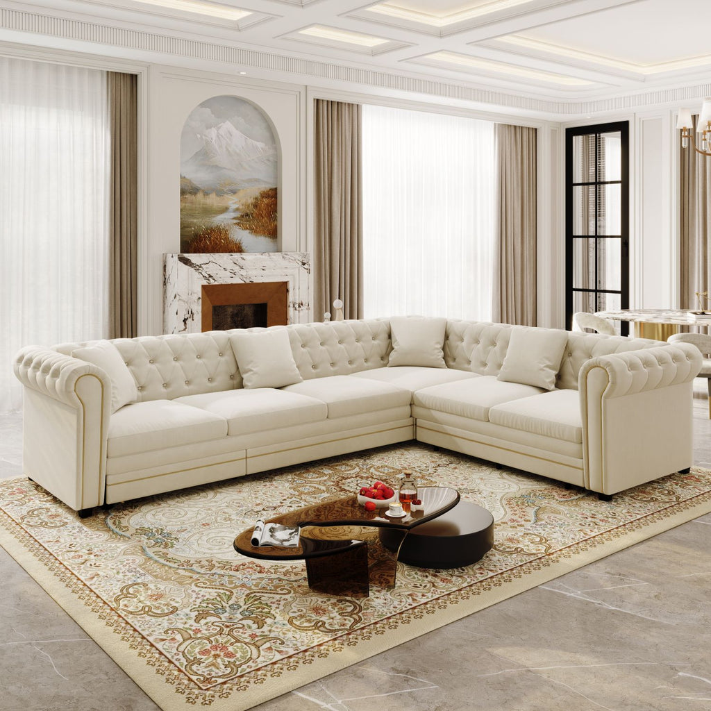 115.3" L-Shaped Sofa Couch with Pull-Out Bed, Oversize Convertible Sleeper, Velvet Button Tufted Couch, Gold Trim Rolled Arms, Oversized Deep Seat Luxury Sofa with Throw Pillows ,Beige/White