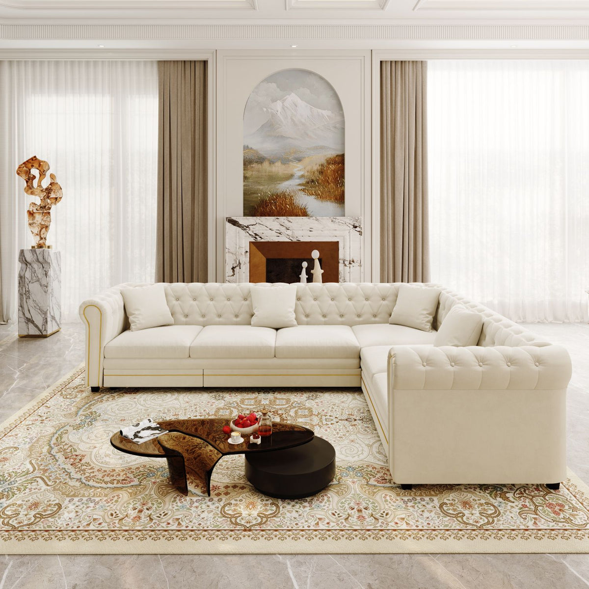 115.3" L-Shaped Sofa Couch with Pull-Out Bed, Oversize Convertible Sleeper, Velvet Button Tufted Couch, Gold Trim Rolled Arms, Oversized Deep Seat Luxury Sofa with Throw Pillows ,Beige/White