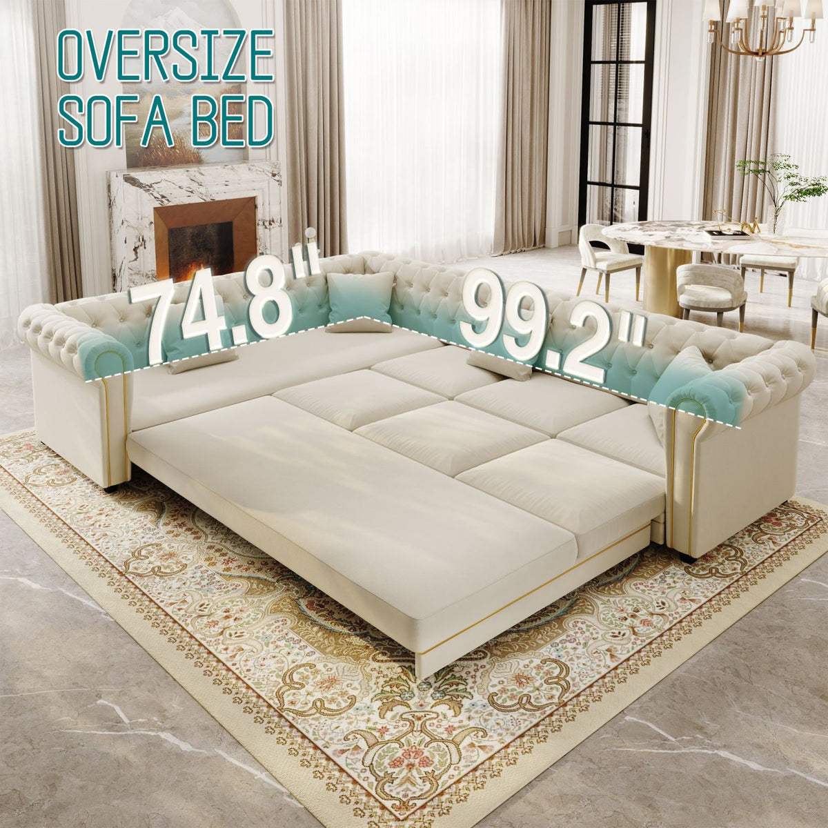 115.3" L-Shaped Sofa Couch with Pull-Out Bed, Oversize Convertible Sleeper, Velvet Button Tufted Couch, Gold Trim Rolled Arms, Oversized Deep Seat Luxury Sofa with Throw Pillows ,Beige/White