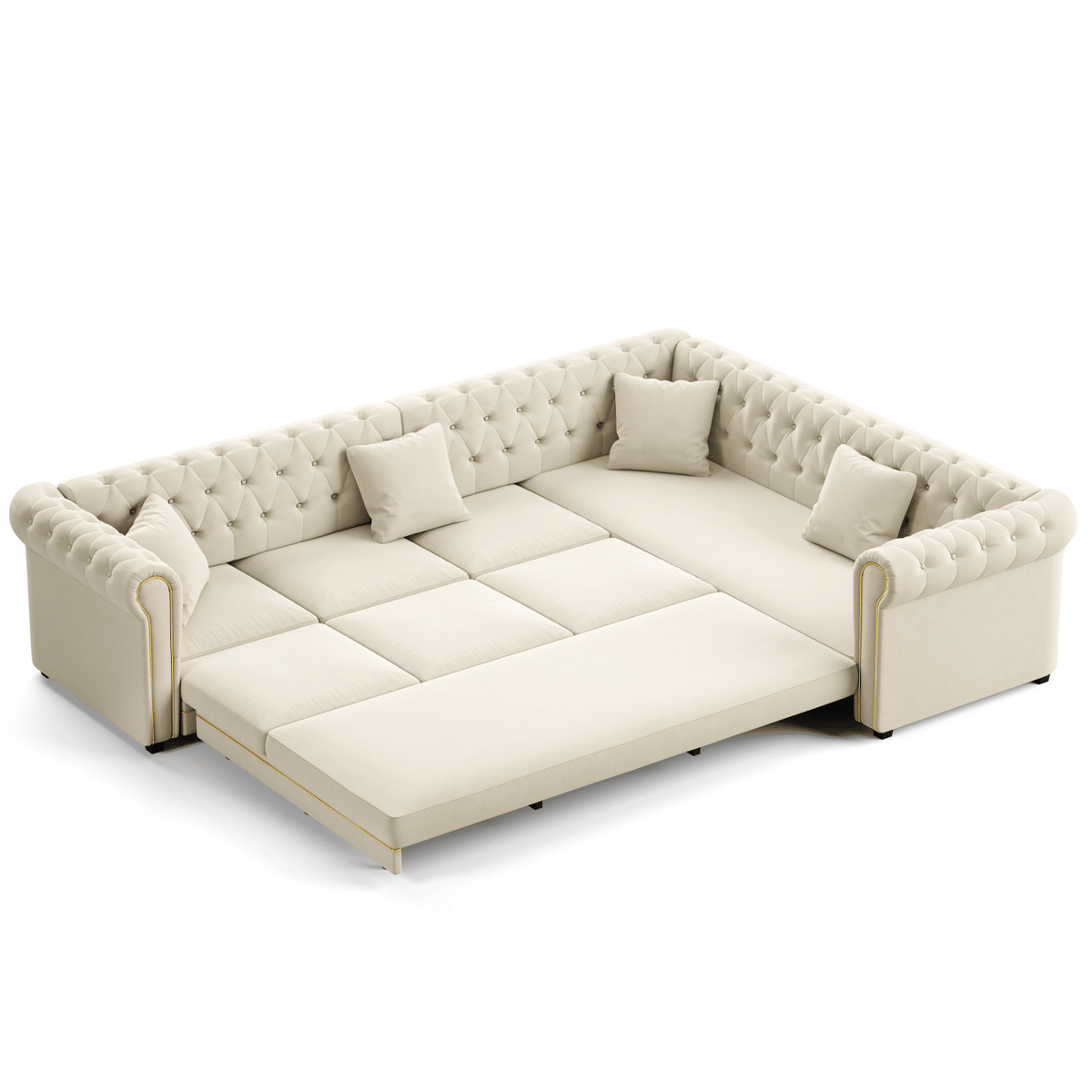 115.3" L-Shaped Sofa Couch with Pull-Out Bed, Oversize Convertible Sleeper, Velvet Button Tufted Couch, Gold Trim Rolled Arms, Oversized Deep Seat Luxury Sofa with Throw Pillows ,Beige/White