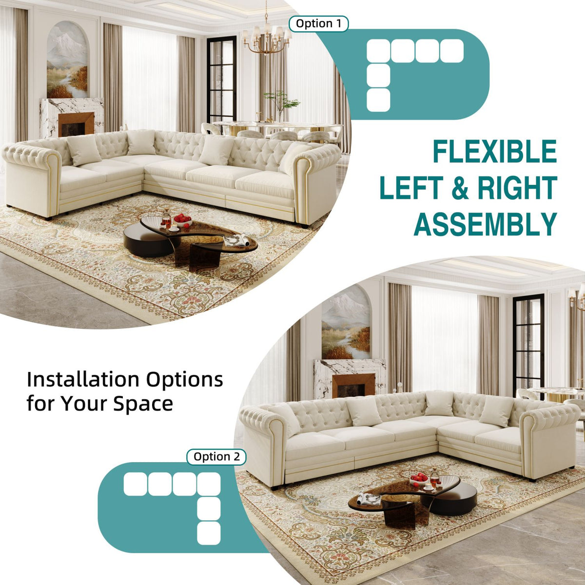 115.3" L-Shaped Sofa Couch with Pull-Out Bed, Oversize Convertible Sleeper, Velvet Button Tufted Couch, Gold Trim Rolled Arms, Oversized Deep Seat Luxury Sofa with Throw Pillows ,Beige/White