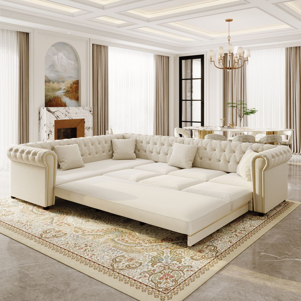 115.3" L-Shaped Sofa Couch with Pull-Out Bed, Oversize Convertible Sleeper, Velvet Button Tufted Couch, Gold Trim Rolled Arms, Oversized Deep Seat Luxury Sofa with Throw Pillows ,Beige/White