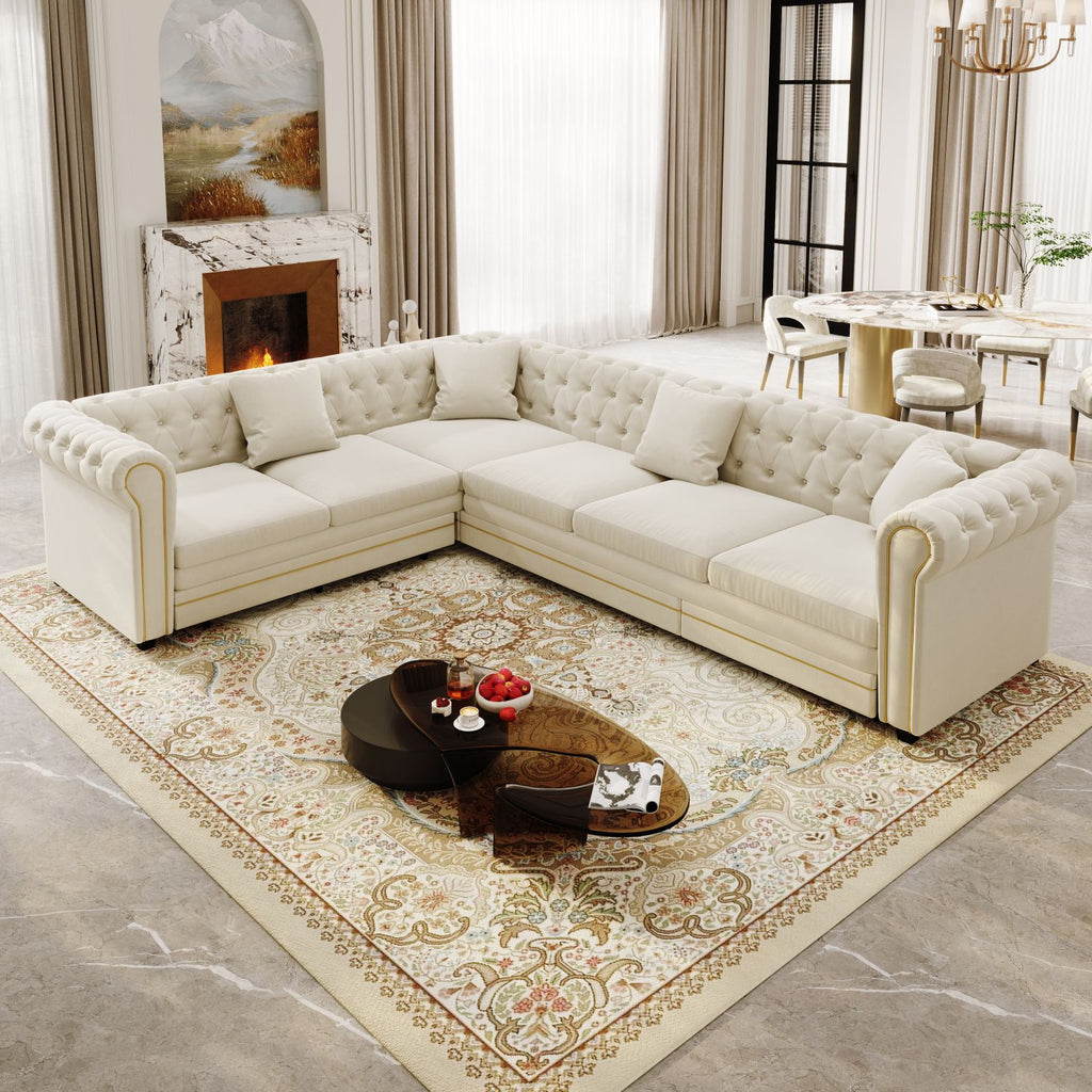 115.3" L-Shaped Sofa Couch with Pull-Out Bed, Oversize Convertible Sleeper, Velvet Button Tufted Couch, Gold Trim Rolled Arms, Oversized Deep Seat Luxury Sofa with Throw Pillows ,Beige/White